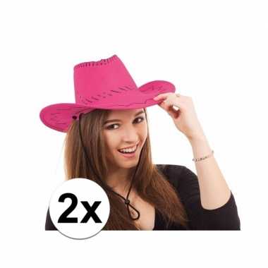 2x cowboy hoed in roze kleur voor topperscarnavalskleding