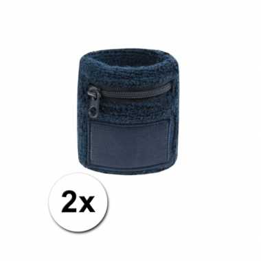 2x navy blauwe zweetbandjes met zakjecarnavalskleding