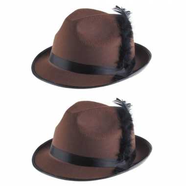 2x stuks carnaval tiroler jagershoed gleufhoedje bruin met zwart lint voor dames/herencarnavalskleding
