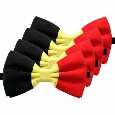 4x carnaval/feest vlinderstrik/vlinderdas zwart/geel/rood 12 cm verkleedaccessoire voor volwassenencarnavalskleding