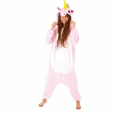 Carnavalskleding eenhoorn onesie pyjama pak pinky roze/regenboog voor meisjes/dames