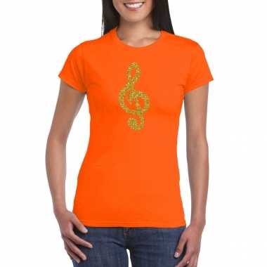 Gouden muzieknoot g-sleutel / muziek feest t-shirt / kleding oranje damescarnavalskleding