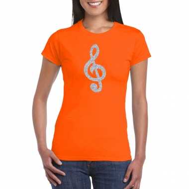 Zilveren muzieknoot g-sleutel / muziek feest t-shirt / kleding oranje damescarnavalskleding