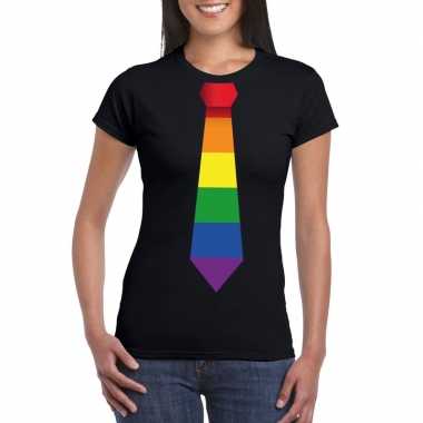 Zwart t-shirt met regenboog vlag stropdas damescarnavalskleding