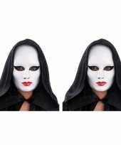 2x gezichtsmasker wit met rode lippen carnavalskleding