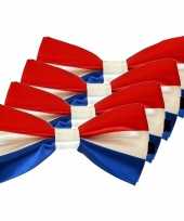 4x carnaval feest vlinderstrik vlinderdas rood wit blauw 12 cm verkleedaccessoire voor volwassenen carnavalskleding