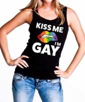 Kiss me i am gay tanktop mouwloos shirt zwart voor dames carnavalskleding