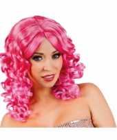 Roze glamour damespruik golvend haar carnavalskleding 10047284