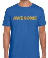 Toppers awesome goud glitter tekst t-shirt blauw heren carnavalskleding