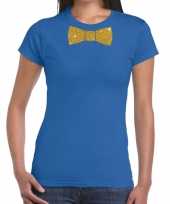Toppers blauw fun t-shirt met vlinderdas in glitter goud dames carnavalskleding