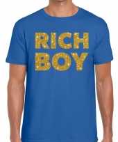 Toppers rich boy goud glitter tekst t-shirt blauw heren carnavalskleding