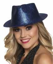 Verkleedaccessoires blauwe trilby hoed met glitters carnavalskleding