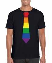 Zwart t-shirt met regenboog vlag stropdas heren carnavalskleding